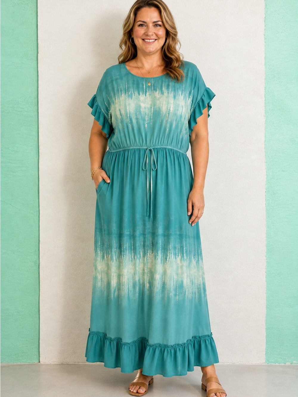 EUC Teal Ombre Tie-Dye Maxi Dress | Flutter Sleeves Drawstring Waist | Size L